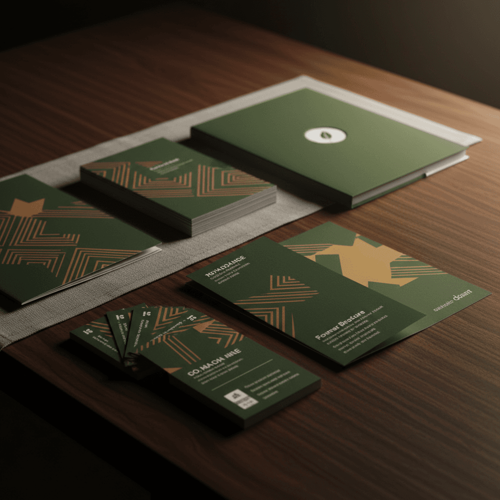 Printed business cards, folders, and a folded brochure in forest green and gold, arranged on a wood desk