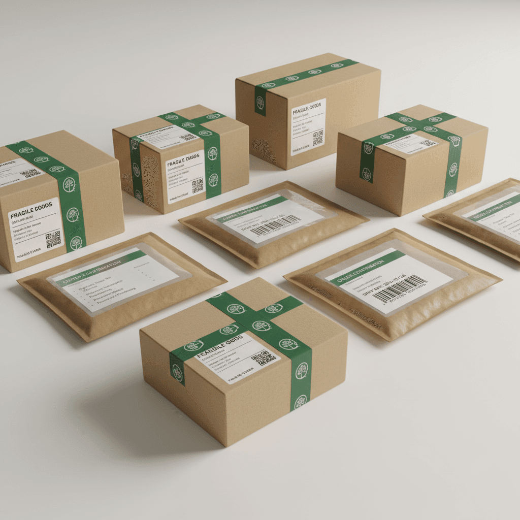 Packed cartons and padded mailers with shipping labels, boxed and ready for pickup