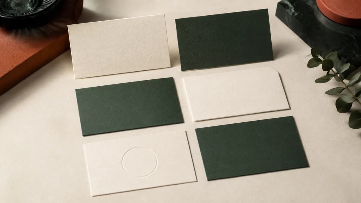 Illustrative cream and deep-green card stocks, including a rounded card and a card with an embossed circle