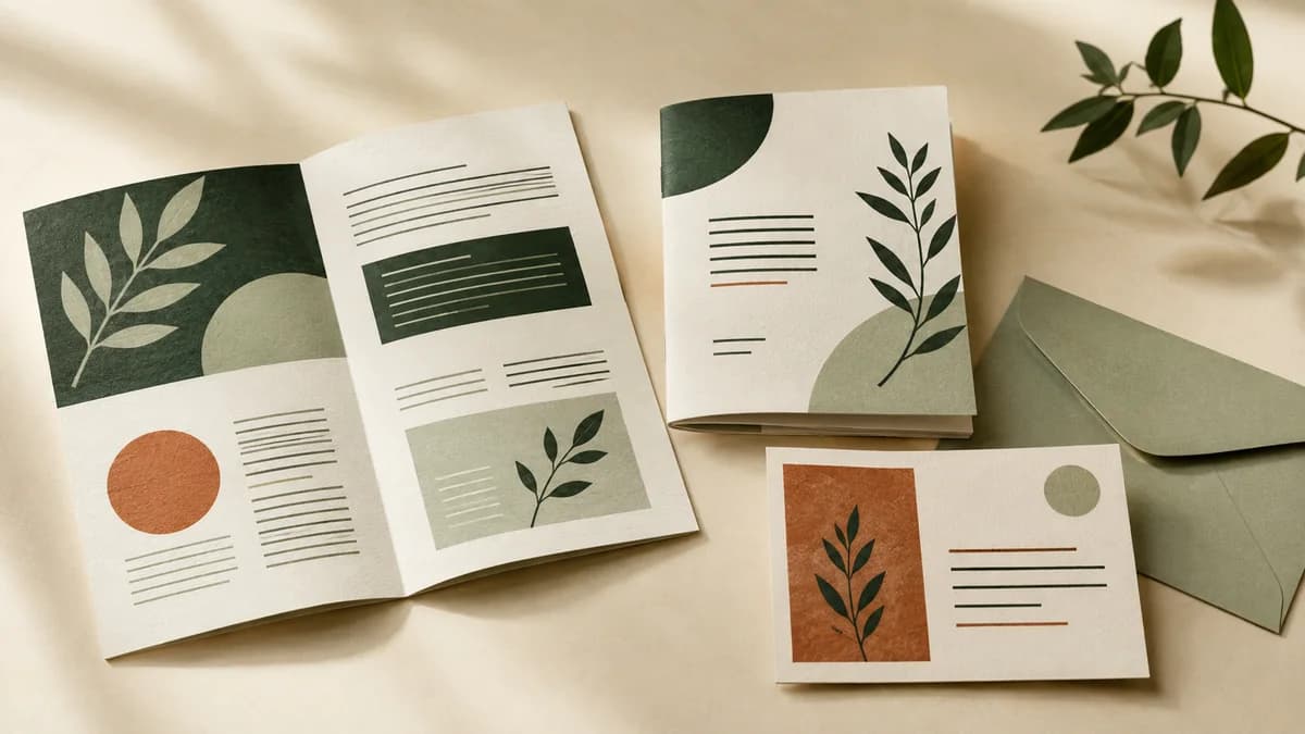 Illustrative community newsletter, event program, postcard and envelope with green botanical artwork