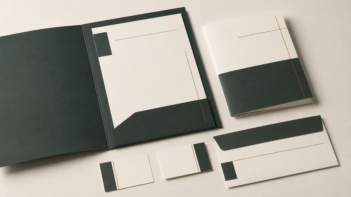 Illustrative corporate stationery with a folder, report, letterhead, cards and envelope