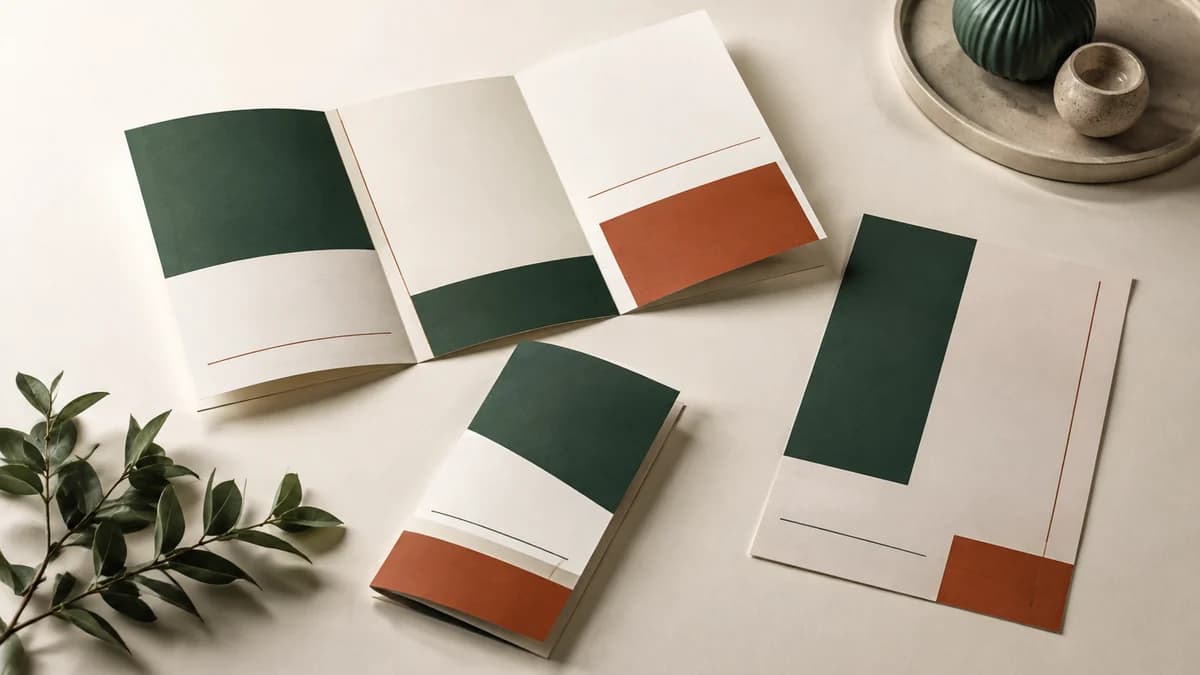 Illustrative open and folded brochures with green and terracotta color blocks on cream paper