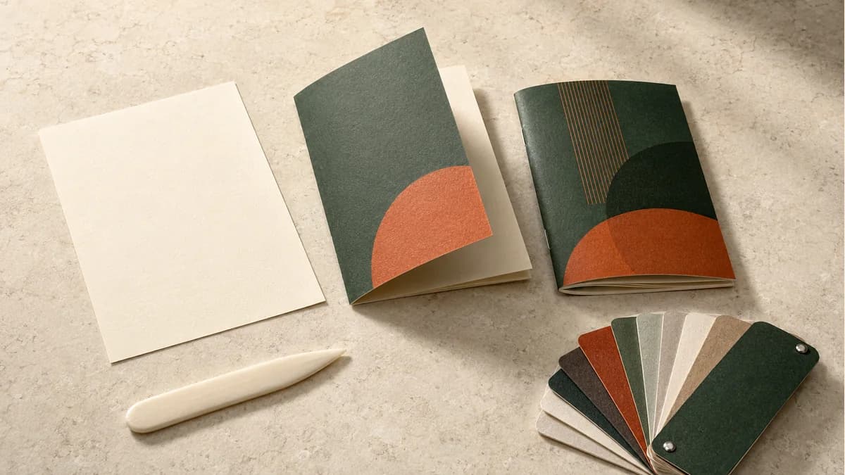 Illustration of a blank sheet, folded brochure and stapled booklet beside paper swatches and a bone folder