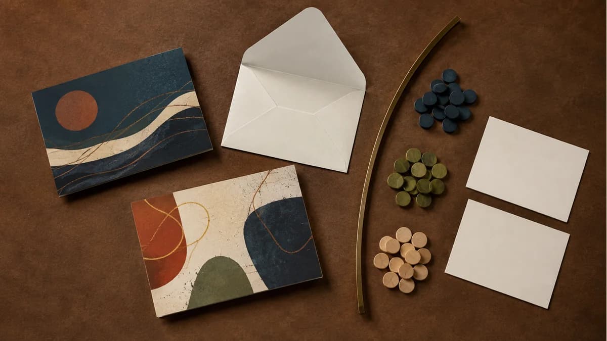 Illustration of two postcard designs, an open envelope, blank response cards and colored counting tokens
