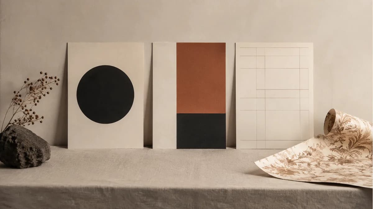Illustration of three restrained paper layouts beside a curled decorative sheet