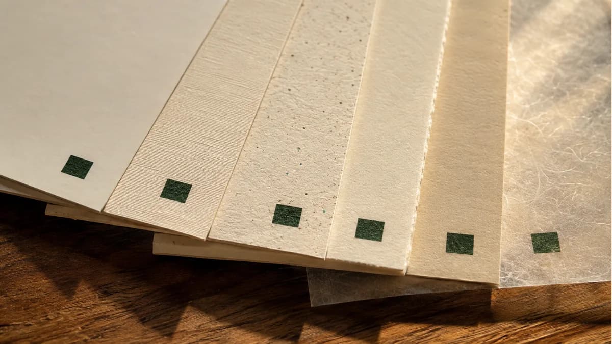 Illustrative close-up of six paper textures with small green ink squares
