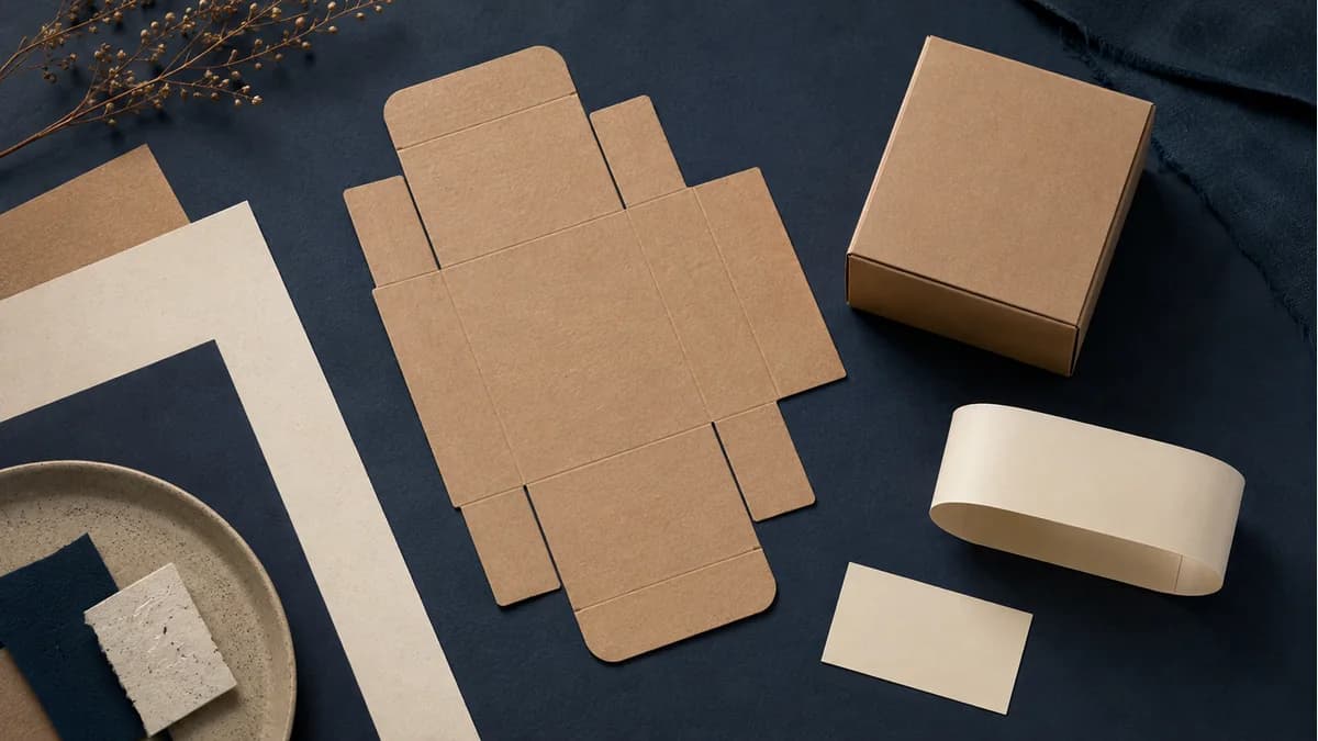 Illustration of an unfolded carton, assembled kraft box, paper band and insert card