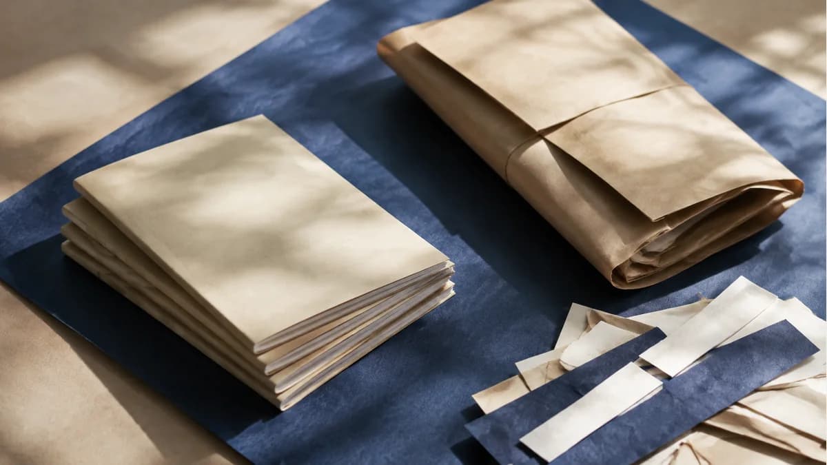 Illustration of a small booklet stack, reusable paper wrap and clean paper offcuts