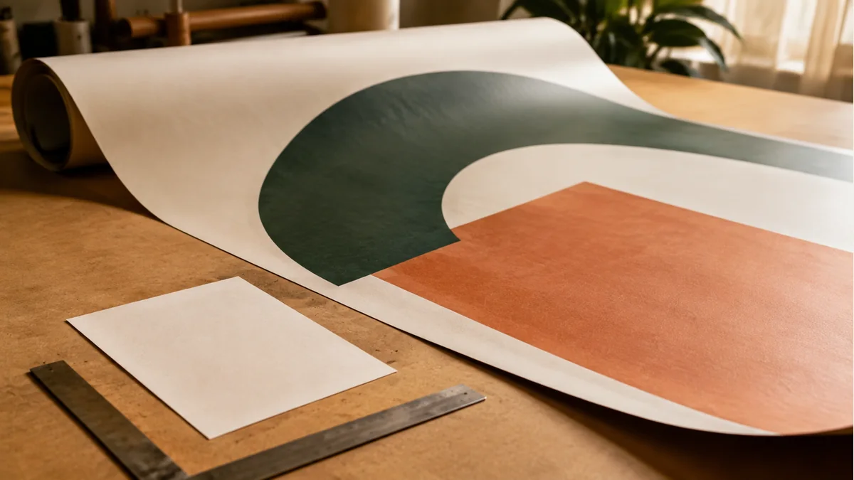 Illustration of a large rolled geometric poster beside a smaller sheet and measuring square