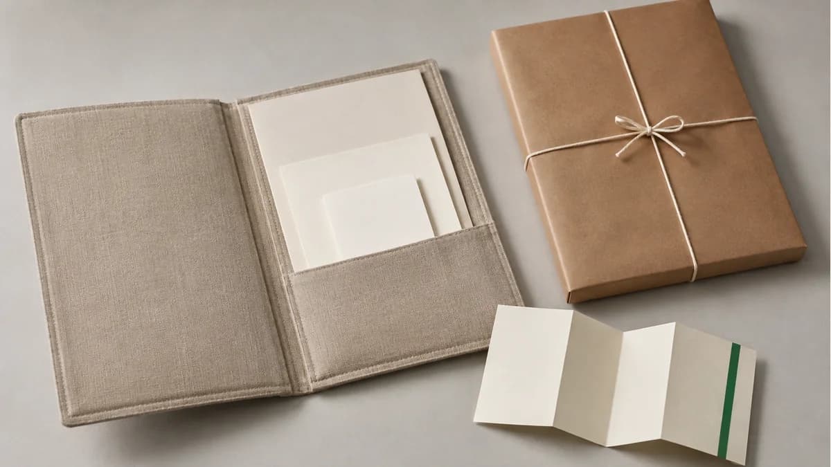 Illustration of a linen sample portfolio, cream paper stocks, accordion leaflet and tied parcel