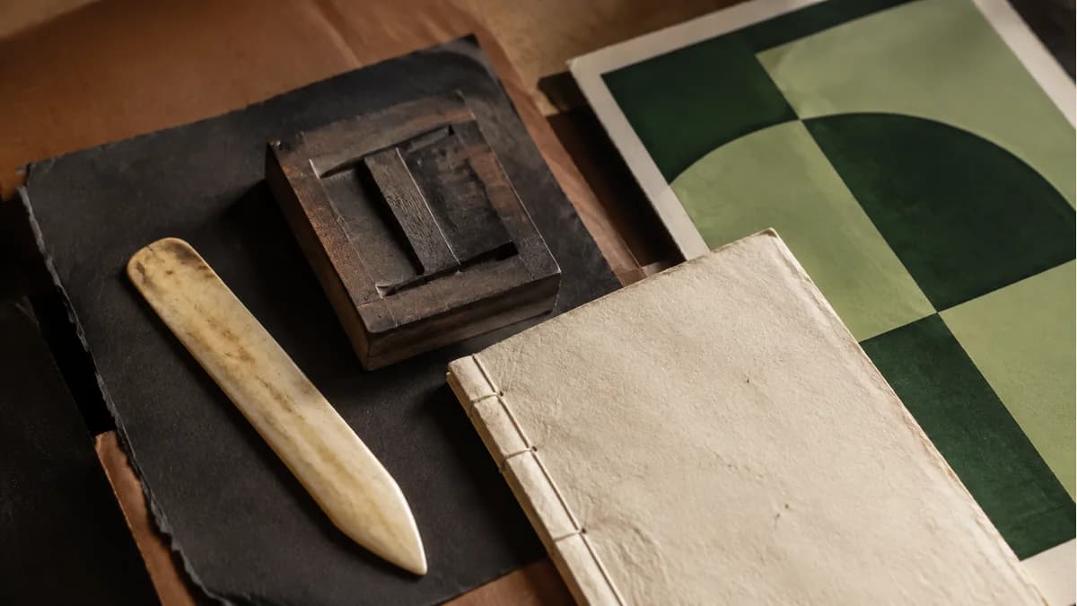Illustrative print-craft still life with a wood block, bone folder, stitched booklet and modern geometric proof