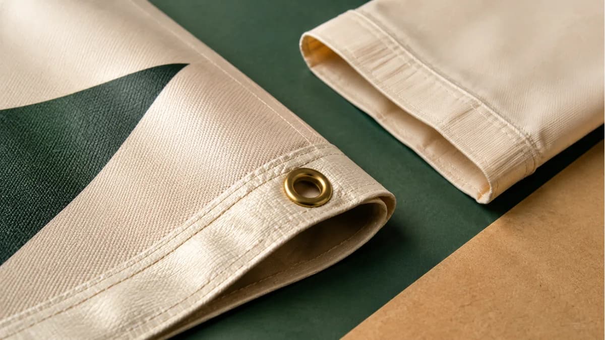 Illustrative close-up of a reinforced banner hem with a grommet beside a sewn pole pocket