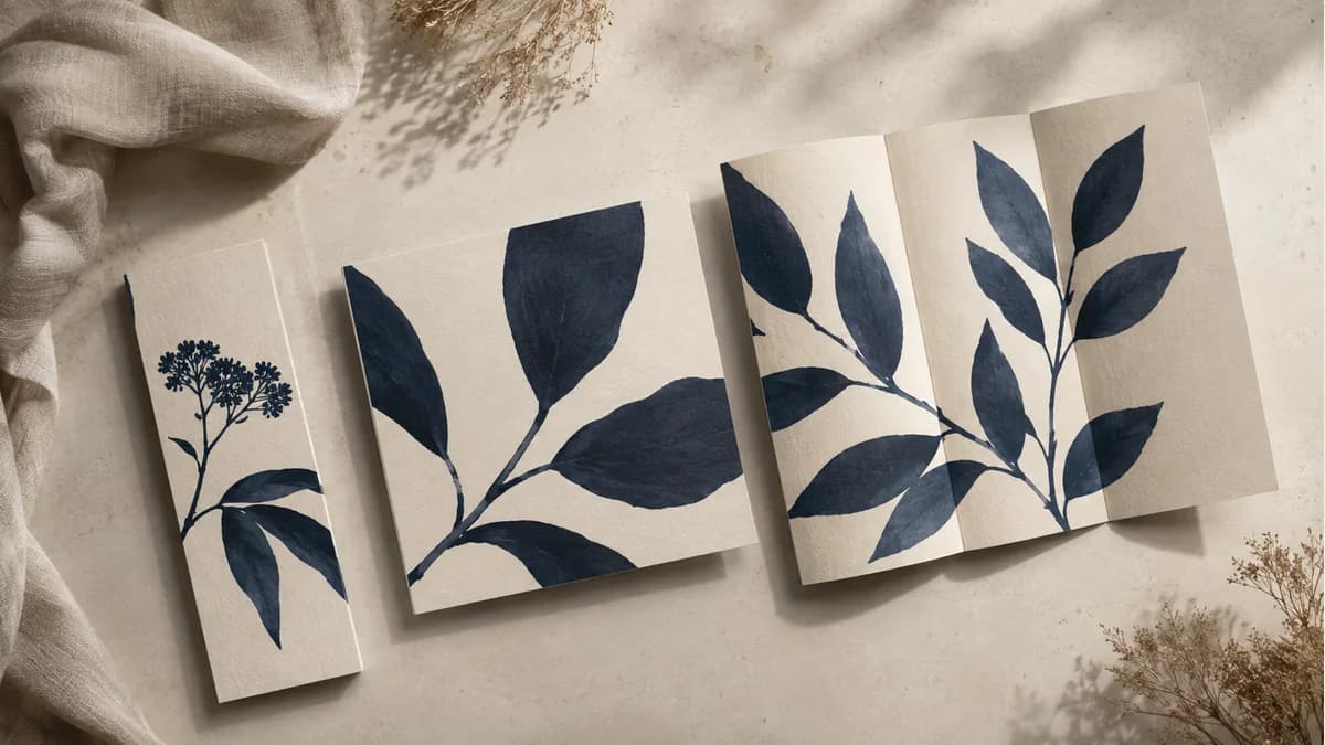 Illustration of a rack card, square handout and folded brochure with coordinated botanical artwork