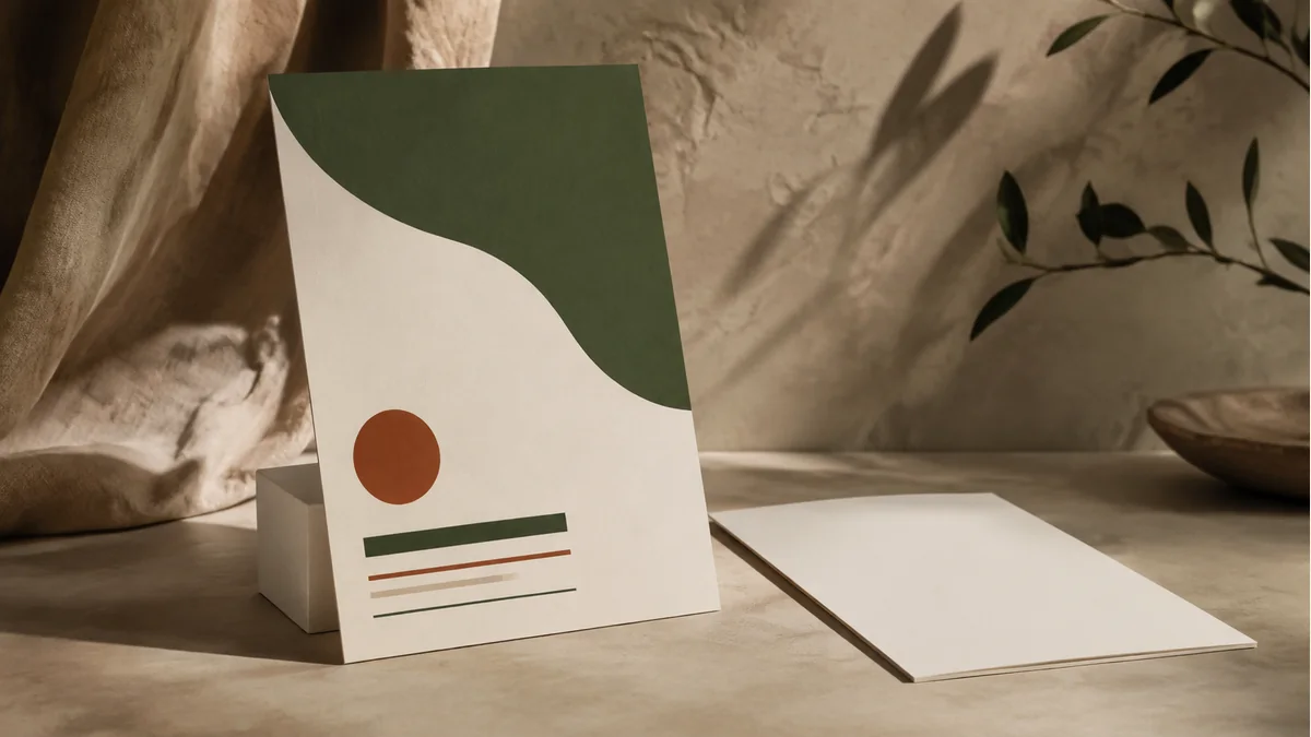 Illustration of an upright flyer with a green shape and rust circle beside its blank reverse