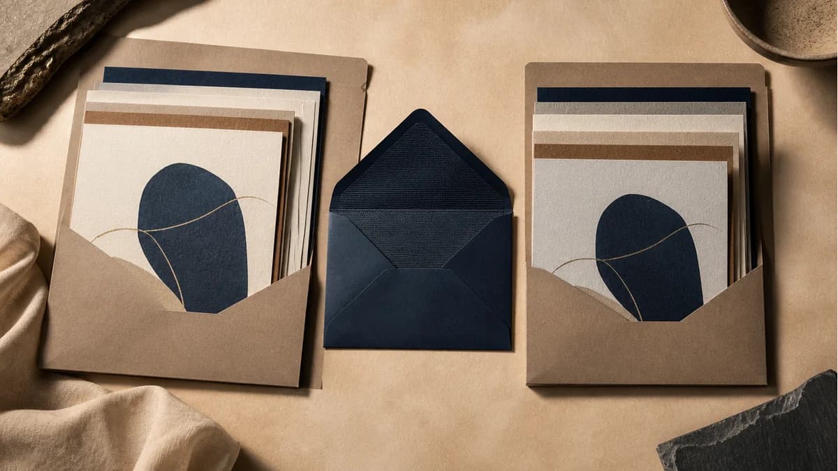 Illustration of two folders holding matching artwork on different paper samples with an envelope between them