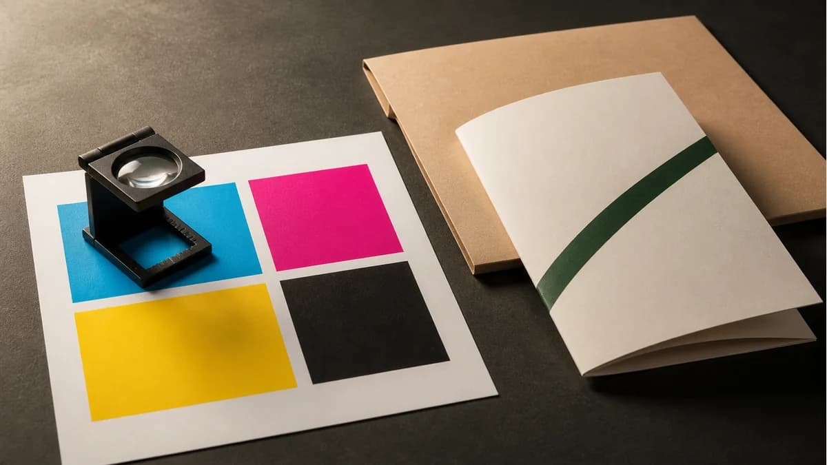 Illustration of a printer’s loupe over four ink-color blocks beside a folded brochure and protective sleeve
