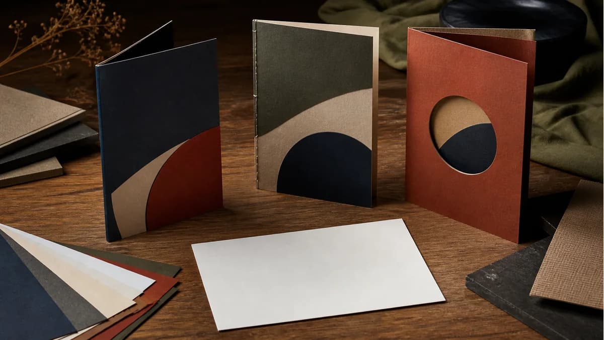 Illustration of three finishing samples showing a fold, stitched spine and circular cutout