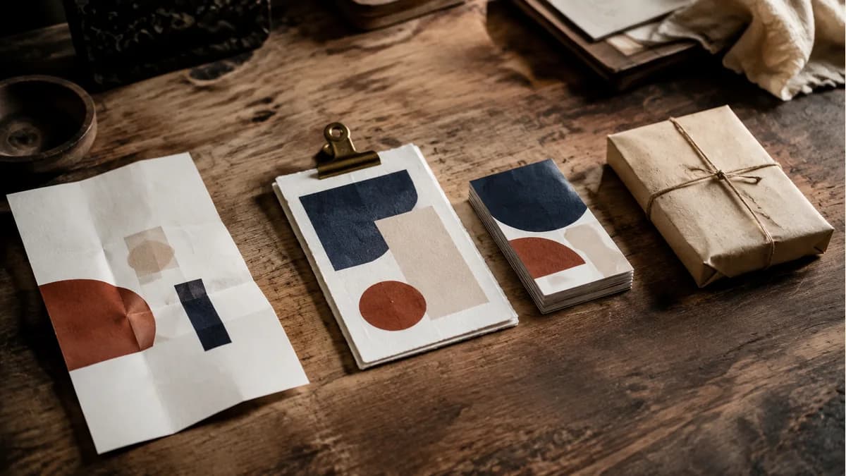 Illustration of a folded specification sheet, clipped proof, finished card stack and wrapped parcel