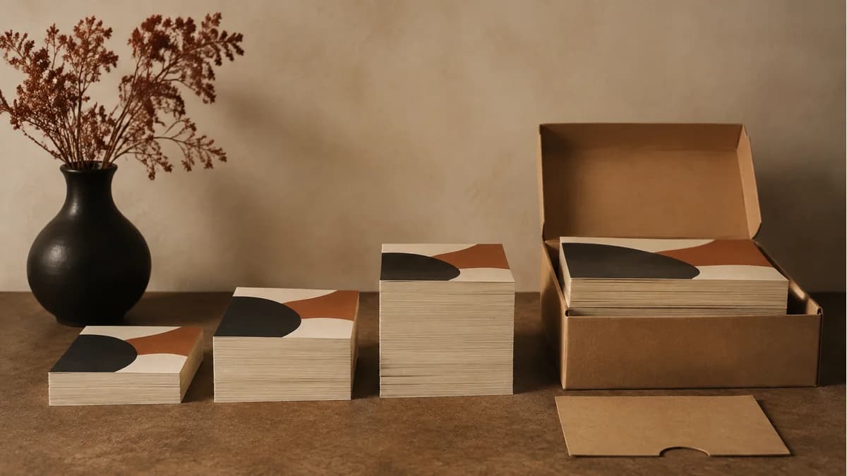Illustration of increasing print quantities with a matching stack stored in a shallow kraft box