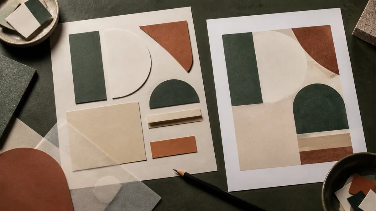 Illustration of movable paper layout shapes beside the resulting printed design