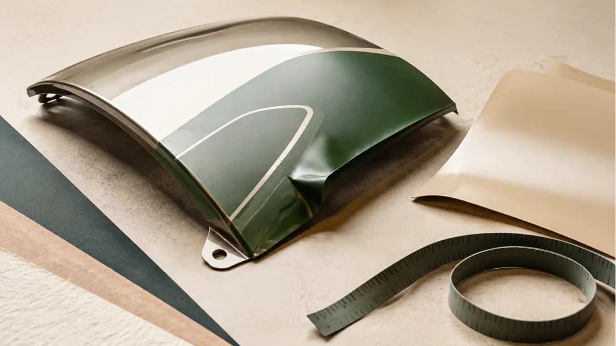 Illustration of graphic film on a curved metal sample with a loose film swatch and flexible measuring tape