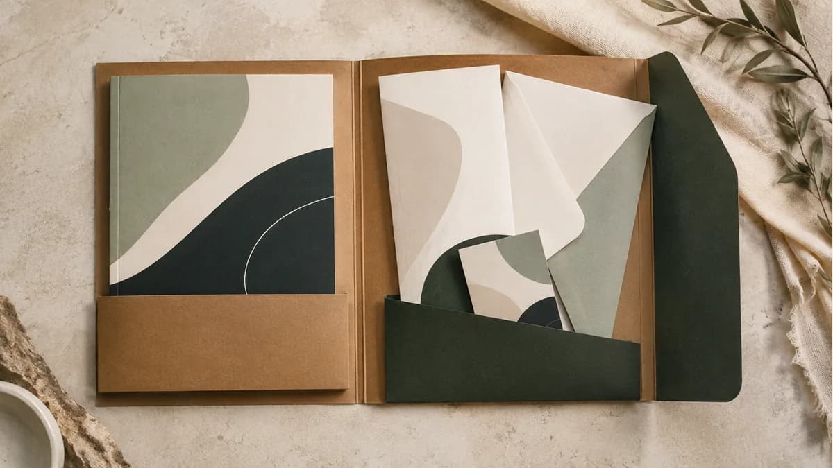 Illustration of a coordinated booklet, envelope, insert and card inside an open portfolio