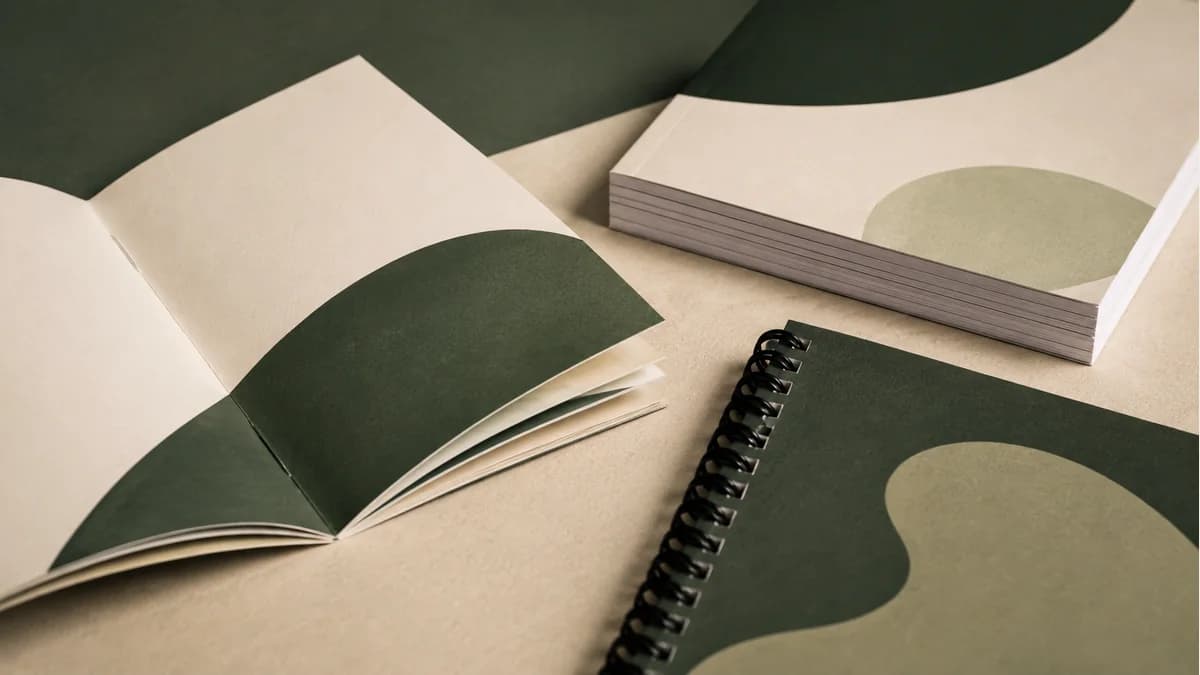 Illustrative close-up of stapled, square-spine and coil-bound booklet formats