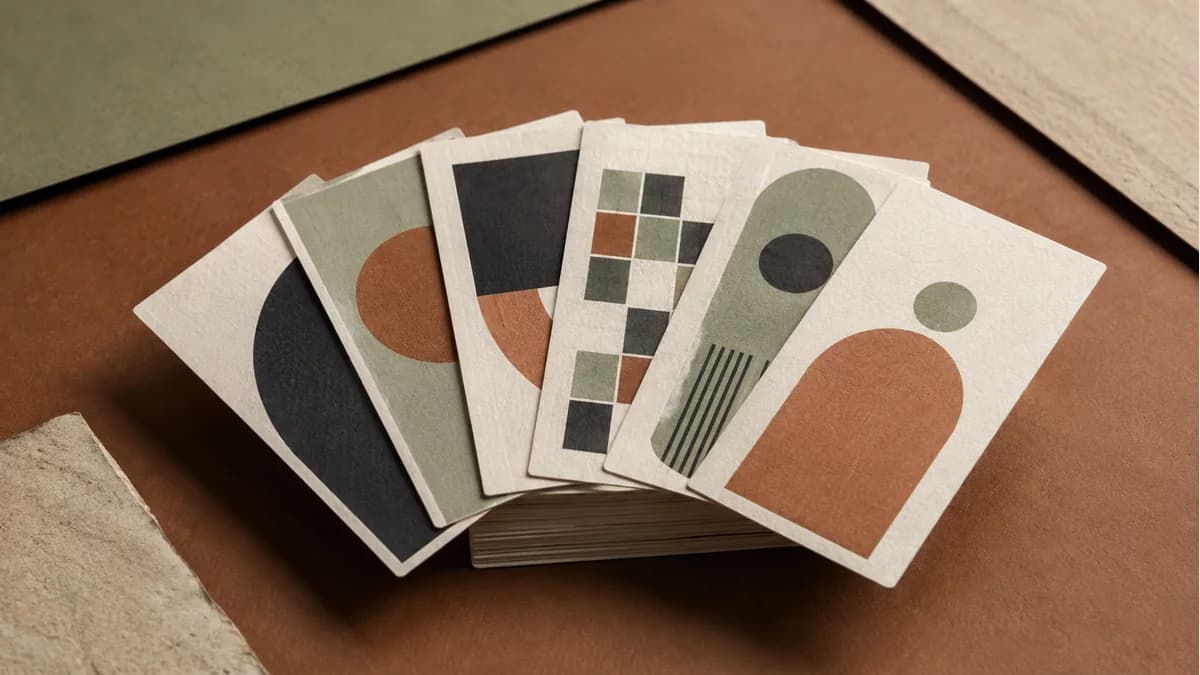 Illustration of six different geometric card designs fanned over a small print stack