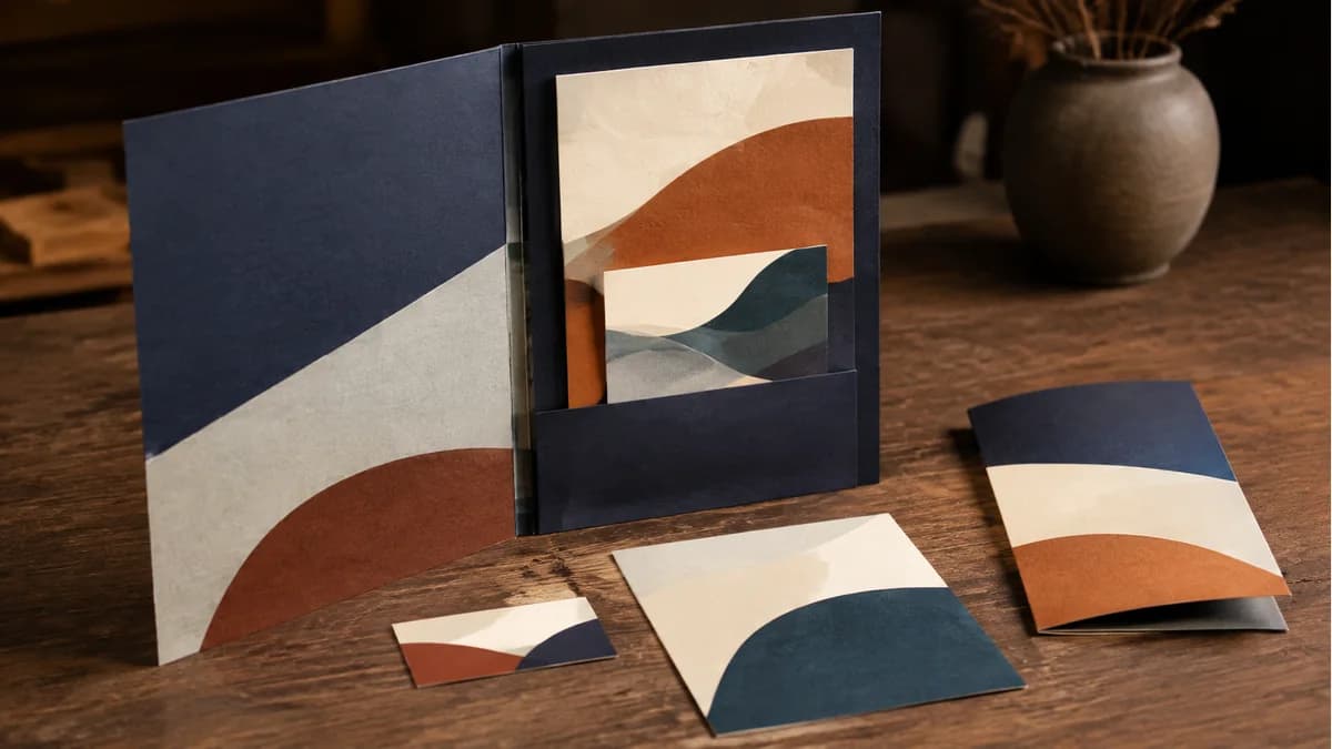Illustration of an open print sample folio with cards in different sizes and a folded brochure