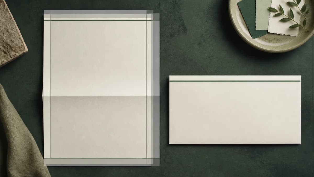 Illustration of cream letterhead and an envelope with green rules and a translucent margin overlay