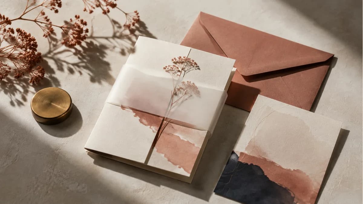 Illustration of a botanical invitation, information insert, envelope and translucent paper wrap