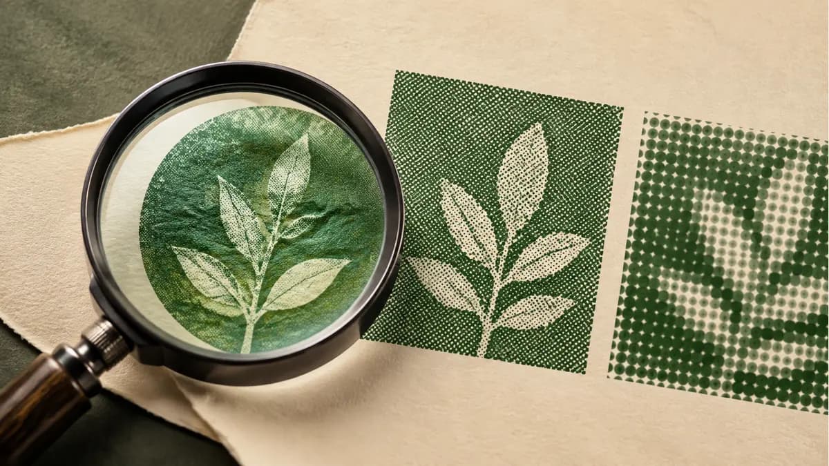 Illustrative magnifying glass over a leaf print beside fine and coarse halftone samples