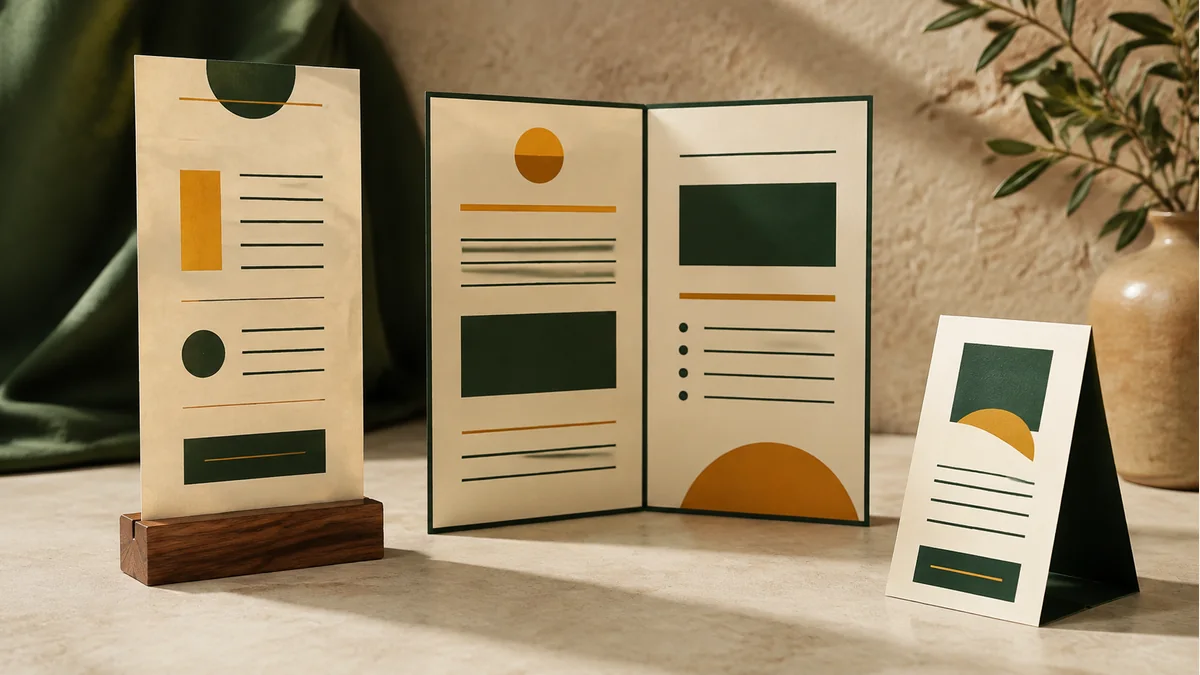 Illustration of a single-sheet menu, folded menu and table tent with abstract rules and color blocks