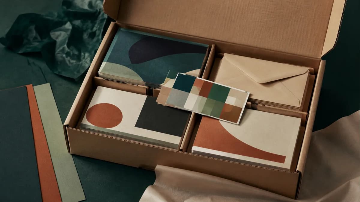 Illustration of an open divided carton holding booklets, envelopes, cards and a color proof
