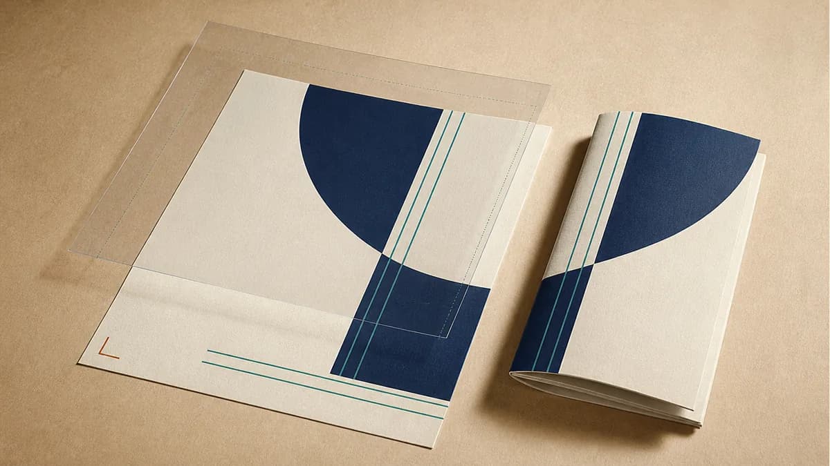 Illustration: Brochure proof, transparent trim overlay, and matching folded brochure