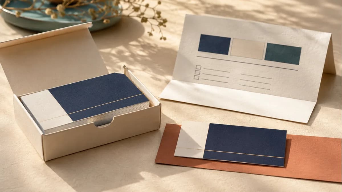 Illustration: Small business-card stack in an open carton beside a separate proof card