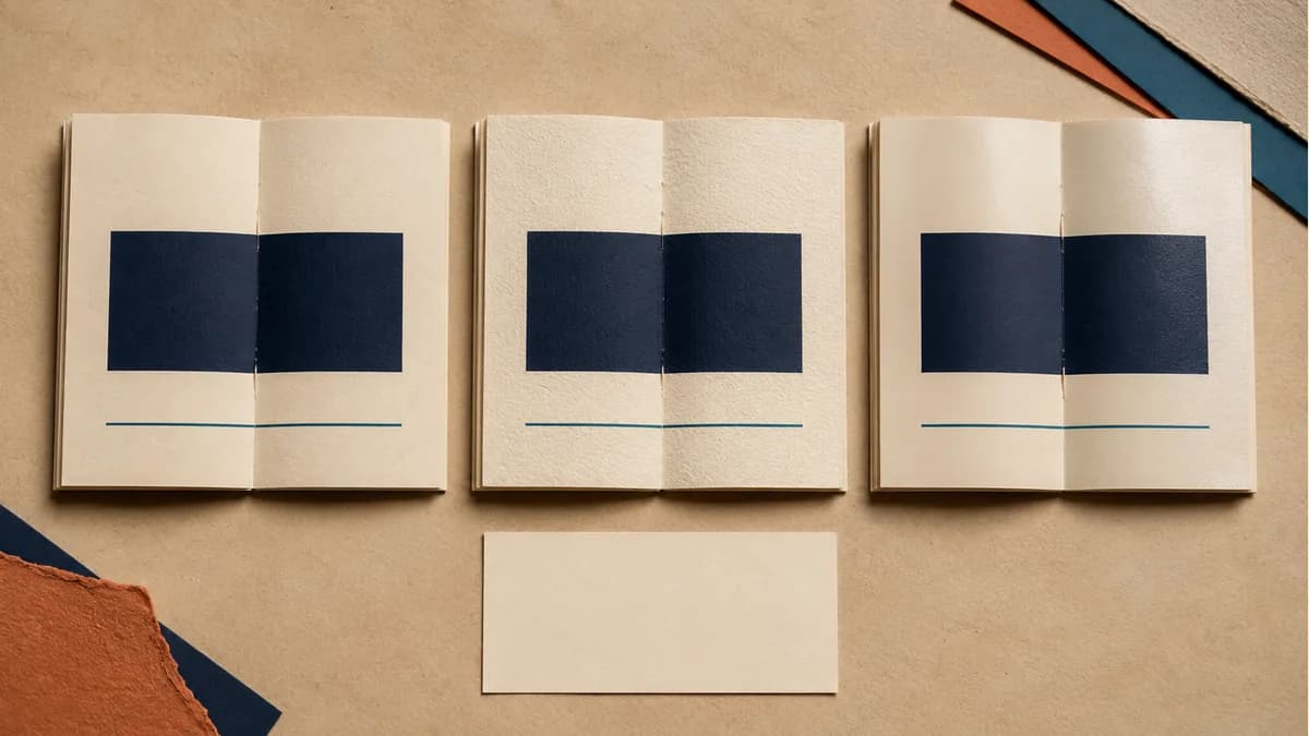 Illustration: Three matching booklet layouts displayed on different paper surfaces