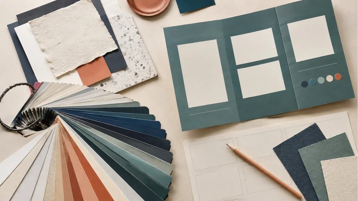 Illustration: Paper swatch fan, unfolded brochure layout, and pencil on a planning sheet