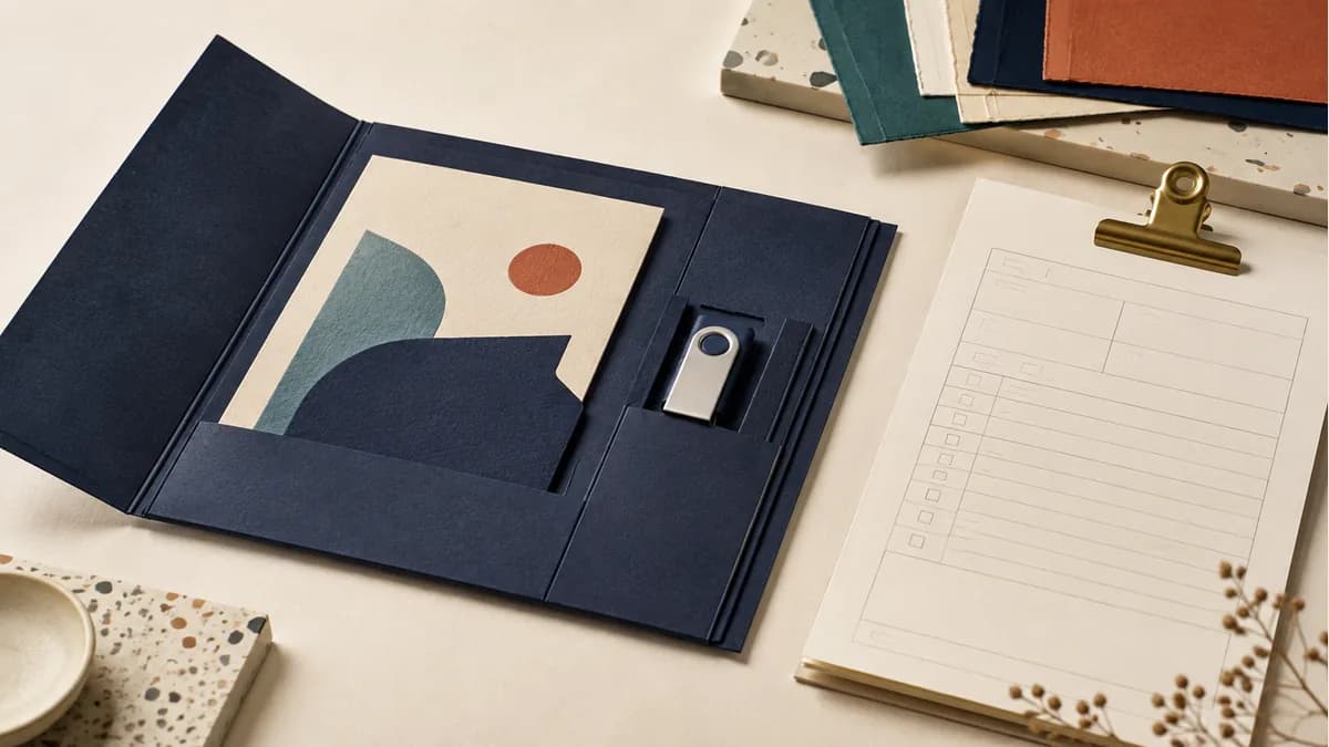Illustration: Navy job wallet holding a sample and USB drive beside a blank checklist