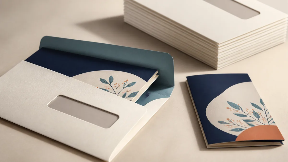Illustration: Folded printed insert partly inside a window envelope beside an envelope stack