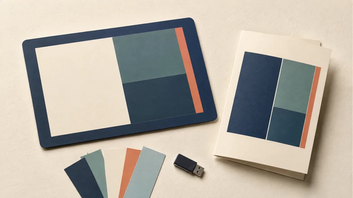 Illustration: Flat proof board beside a folded brochure, paper swatches, and USB drive