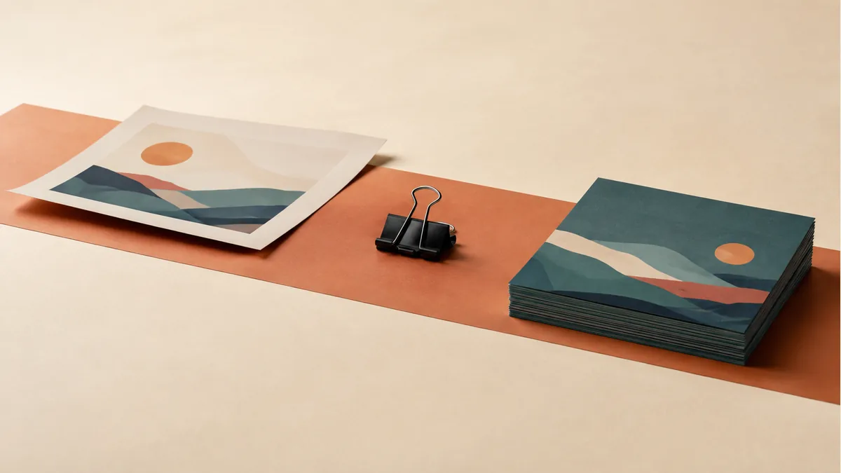 Illustration: Separate artwork proof and flyer stack arranged along a terracotta paper strip