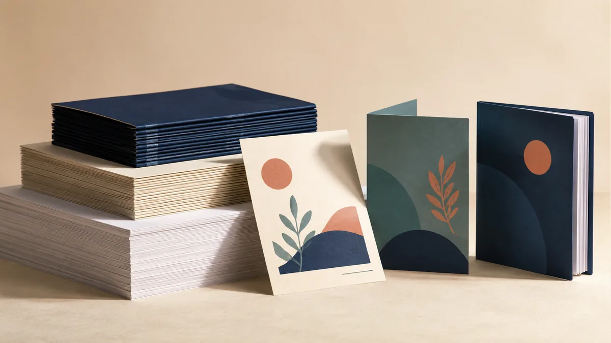 Illustration: Paper stacks beside a flyer, folded brochure, and bound booklet