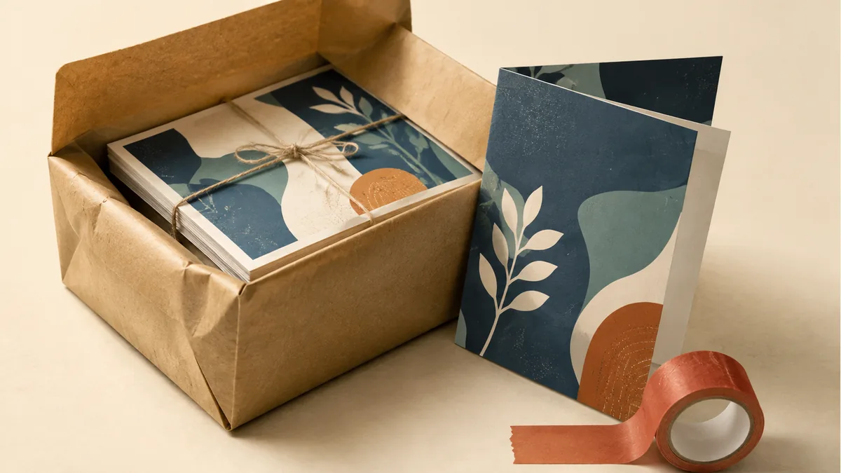 Illustration: Open kraft parcel of printed flyers beside a folded sample