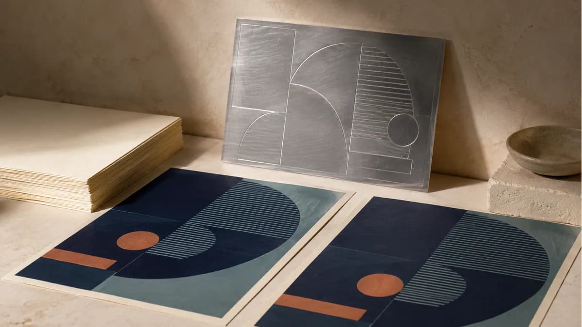 Illustrative metal plate sample behind two matching geometric printed sheets.