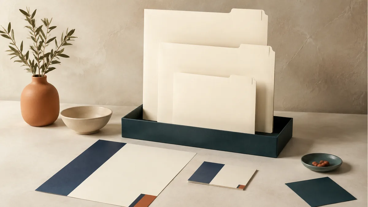 Illustration: Tabbed stationery folders with a coordinated letterhead and card in front