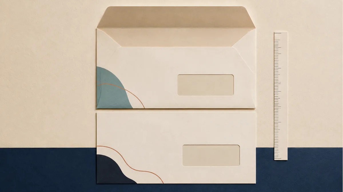 Illustration: Two window-envelope samples beside an unnumbered measuring strip