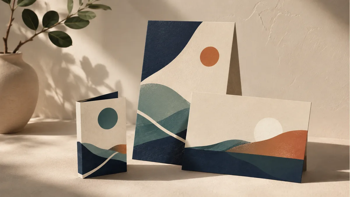 Illustration: Standing promotional card, folded leaflet, and horizontal card with coordinated artwork