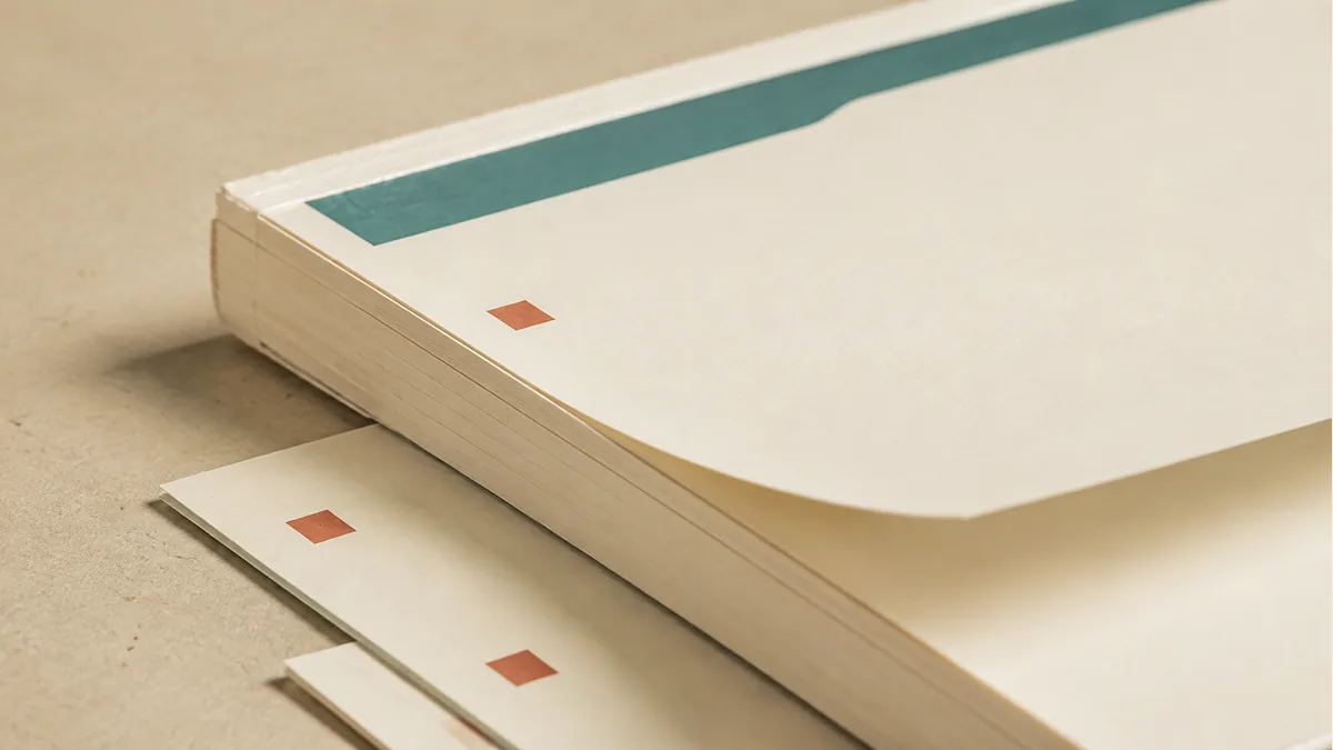 Illustration: Close view of a notepad edge and curled top sheet above loose sheets