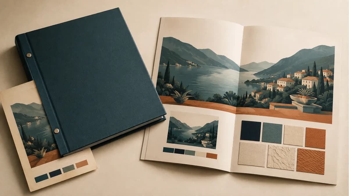 Illustration: Saved sample binder beside an open brochure and paper swatches